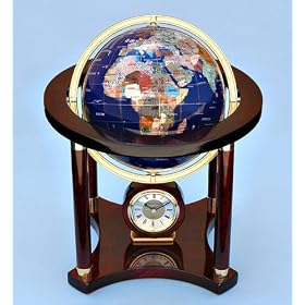 Large Gemstone Globe and Quartz Clock on Mahogany Stand