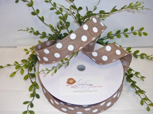 Wired Ribbon, Natural with White Polka Dots, Denim Ribbon, 1 1/2 wide, 50 Yards Per Spool