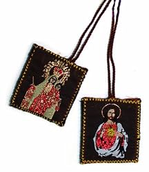 Scapular - Embroidered Cloth - Our Lady of Mt. Carmel - Sacred Heart Of Jesus - Brown