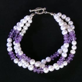 Handmade Three-strand Pearl and Amethyst Bracelet by AsiaEXP
