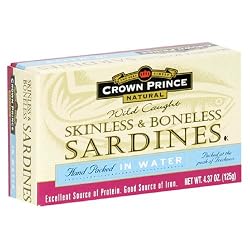 Crown Prince Natural Skinless & Boneless Sardines in Water, 4.37-Ounce Cans (Pack of 25)