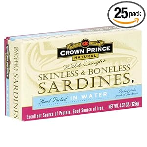 Crown Prince Natural Skinless & Boneless Sardines in Water; 4.37-Ounce Cans (Pack of 25)