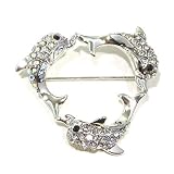 Clear Austrian Rhinestone Silver-Tone Three Dolphin Heart Shaped Brooch Pin