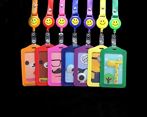 JINL® 7 Pcs Ertical Style Assorted Color Faux Leather Business Id Credit Card Badge Holder Clear Pouch Case +7 Pcs Retractable Smile Face Badge Reels with Nylon String