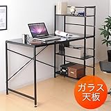 サンワダイレクト シェルフ付パソコンデスク ガラス天板 ブラック 100-DESK084BK