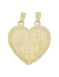 14k Yellow Gold, Couples Sharing Split Heart Pendant Charm with Te Amo