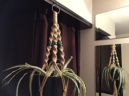 SHORT Macrame Plant Hanger SAND color with 3 GREEN BEADS 30