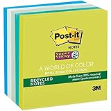 Post-it Recycled Super Sticky Notes, 3 in x 3 in, Bora Bora Collection, 5 Pads/Pack, 90 Sheets/Pad (654-5SST)