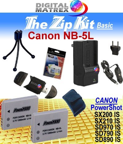 TheZipKit for CANON PowerShot SDX210 IS. Includes: 2 NB-5L 1200mAh Ultra High Capacity Batteries made with cells produced in JAPAN or USA, Table-Top Wire Tripod, 110/240 Mini Charger with fold out plug and a DC car adapter, SD/SDHC Card Reader, LCD Protection Film Kit and more. NON OEM.. CANON PowerShot SX210 IS.