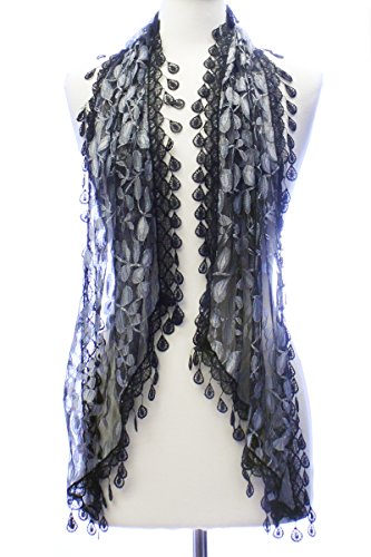 LL Ladies Black Fashion Leaf Lace Scarf with Rain Drop Tassels Nature Inspired