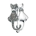 Silver Marcasite and Plain Double Cat Brooch