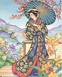 Oriental Girl With Parasol Lithograph Art Poster Print - 20" X 16"