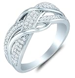 10K White Gold Diamond Cross Over Wedding , Anniversary OR Fashion Right Hand Ring Band - w/ Micro Pave Set Round Diamonds - (1/5 cttw)