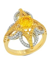 Gemesis Created Diamond, Vivid Fancy Orange Yellow, 80s Cut Coronet Design Ring with Yellow Accent Diamonds & Micro Pave, 14Kt T/T, Ring, 1.77 TCWT