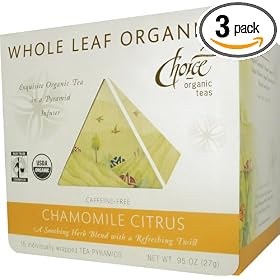 Choice Organic Whole Leaf Organics Chamomile Citrus Tea Pyramids, 15-Count, .95-Ounce Boxes (Pack of 3)
