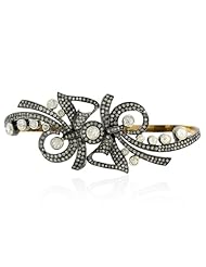 Rose Cut Diamond Palm 18kt Yellow Gold Bracelet Silver Antique Look Jewelry