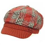 Wool Plaid Ribbed Knit Newsboy Cabbie Cap Hat Red