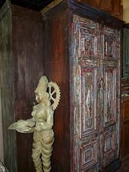 Antique India Carved Teak Armoire Rustic Patina Cabinet