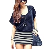 Allegra K Women Zipper Closure Hooded Short Sleeve Mini Dress Navy Blue S