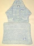 Knitted on Hand Knitting Machine Finished By Hand Crochet Blue Chenille Denim Cotton Tweed Infant Boys Outfit Cardigan Hat Set Trimmed with Blue Race Car Patch and Matching Blanket