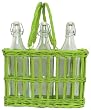 Hand Woven Kiwi Green Painted Willow Basket with 3 Glass Water Bottles, Bottle = 12"H, 36oz