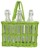 Hand Woven Kiwi Green Painted Willow Basket with 3 Glass Water Bottles, Bottle = 12"H, 36oz