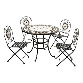 Garden Furniture Mosaic Table Set With 4 Folding Chairs. Constructed from Steel & Mosaic Tiles each set individually made.