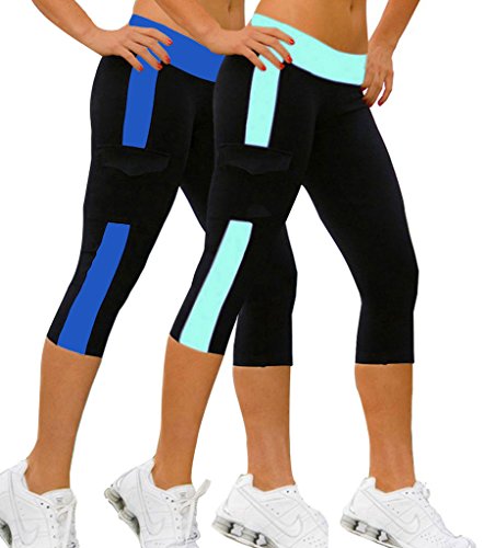 iLoveSIA 2PACK Women's Capri YOGA Running Pants Leggings Blue+Sky Blue L