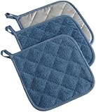 DII 100% Cotton, Machine Washable, Heat Resistant, Quilted Terry, Potholder for Cooking and Baking, 7 x 7", Set of 3, Blue