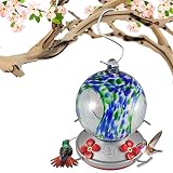 Grateful Gnome - Hummingbird Feeder - Hand Blown Glass - Blue and Green Speckled Globe with Window