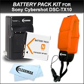 Clearmax® Battery and Charger Kit for Sony Cyber-Shot DSC-TX10 DSC-TX200V Waterproof Digital Camera Includes Extended Replacement NP-BN1 Battery + Ac/Dc Rapid Travel Charger + Float Strap + Microfiber Cloth