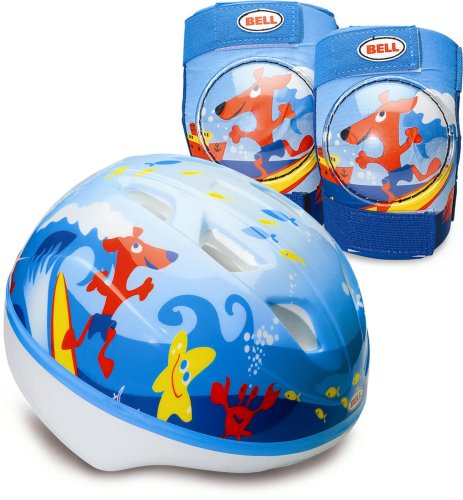 Bell Toddler Boy's Bicycle Helmet, Knee Pads, and Elbow Pads Value Pack (Blue Hang 10)
