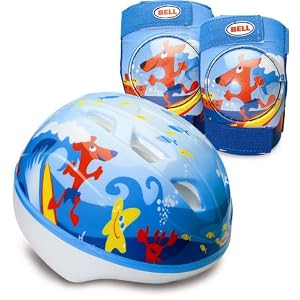 Bell Toddler Boy's Bicycle Helmet, Knee Pads, and Elbow Pads Value Pack (Blue Hang 10) by Bell