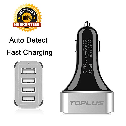 Toplus 9.6A / 48W 4-Port Fast Car Charger with Intelligent Technology USB Ports for iPhone, iPod, iPad, Samsung Galaxy /Edge, Note, Nexus, HTC, Motorola and More
