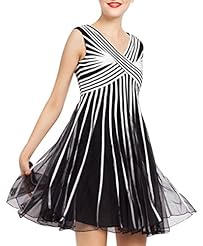 V-neck Striped Print Empire   Waistline Mesh Pleated Cotton/Polyester/Spandex/Tulle Skater Dress/Midi Dress 