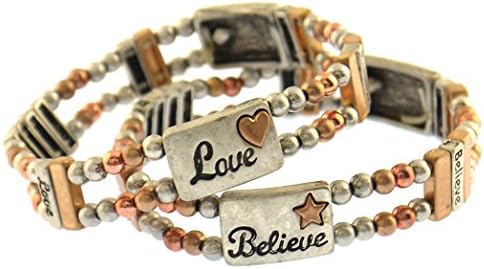 BELIEVE & LOVE 2 Stretch Bracelets Set 2 Tone Heart & Star Inspirational