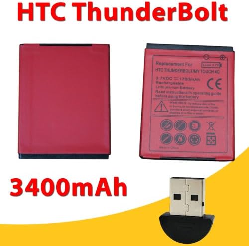 2X 1700mAh Slim Extended-Life Battery for HTC myTouch 4G and HTC ThunderBolt (Red) + Wireless Bluetooth Dongle Adapter