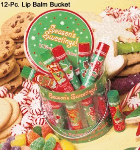 Merry Christmas 12 Flavored Lip Balms Chap Sticks Gloss Bucket