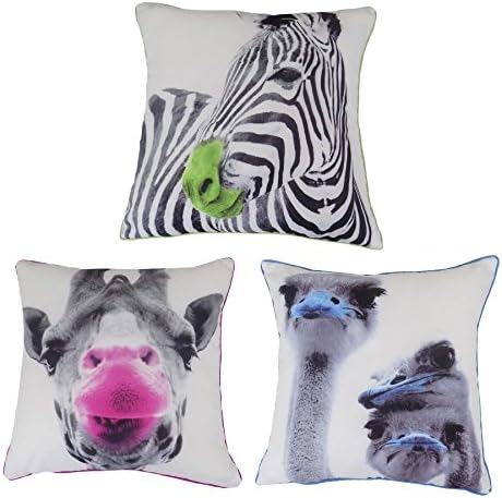 FILLED ZEBRA GIRAFFE OSTRICH ANIMAL BLUE PINK GREEN PILLOW PIPED CUSHION 16" 40CM
