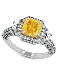 Gemesis Created Diamond, Vivid Fancy Orange Yellow, Renaissance Collection With French Back Micro Pave & Side Trapezoids, 18Kt T/T, Ring, 3.08 TCWT