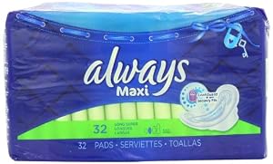Always Maxi Unscented Pads with Wings, Long/Super 32 Count (Pack of 2)