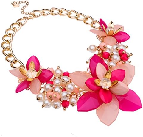 Attractive Red Chain Jelly Resin Flower White Simulated Pearl Cluster Bib Choker Necklace