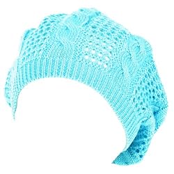 New Cotton Crochet Vented Knit Slouchy Beret Tam Hat Turq