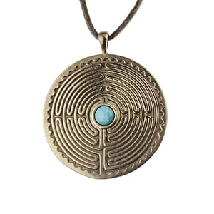 Labyrinth Peace Bronze Pendant Necklace with 6mm Tibetan Turquoise Gemstone on Adjustable Natural Cord
