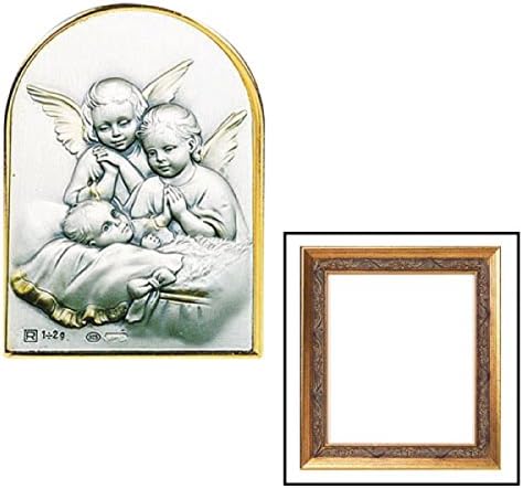 6.5" Guardian Angels w/ Baby Frame. -- Sterling/embossed Wood/glass -- 6" X 6.5" H