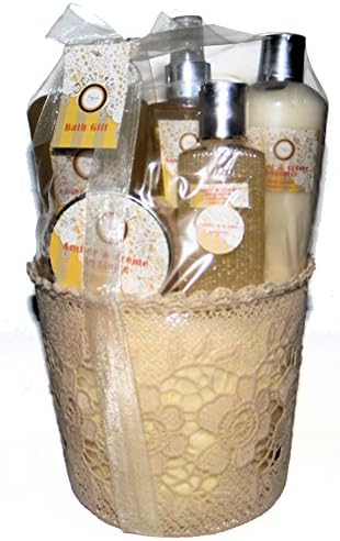 Amber & Cream Anglaise Premium Bath Spa Gift Set, Shimmer Shower Gel, Body Lotion, Body Essence, Body Scrub, Bath Salt & Bath Puff in a Ivory Lace Gift Basket