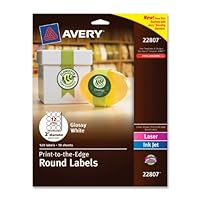Avery Easy Peel Permanent Print-To-The-Edge Round Labels, Laser/InkJet, 2-Inch, Glossy White, Pack of 120