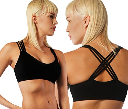 Anemone Strappy Criss-cross Back Comfort Sports Bra with Removable Pads (One Size, 2 Pack: Black)