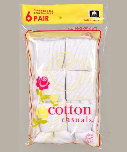 Cotton Casuals Girls 6-Pack Cuffed Socks (Sock Sizes 6 - 8.5)