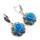 11+G Swiss Marcasite Gemstone Genuine 925 Sterling Silver Blue Rose Earring